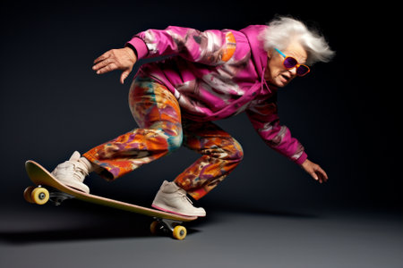 Woman lifestyle elderly white grandmother hair rock pensioner modern skateboard positive crazy person oldの素材