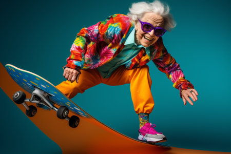 Elderly woman lifestyle grandmother old happy model crazy healthy positive rock older skateboard modernの素材