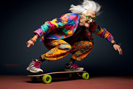 Elderly woman rock crazy positive modern old skateboard senior lifestyle fashion hair grandmotherの素材