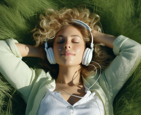 Music woman alone lifestyle grass green copy summer listen technology portrait earphones meditationの素材