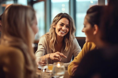 smiling woman together sitting laughing group cafe happy lunch girl friend. Generative AI.の素材
