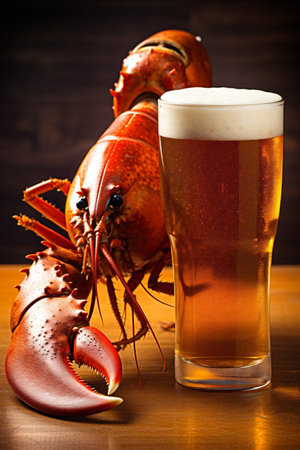 glass snack food freshness crab crayfish crawfish red background beer seafood. Generative AI.の素材