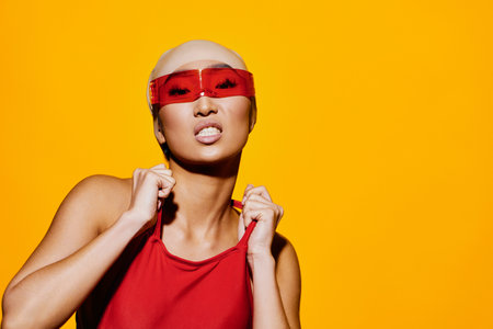 Woman yellow sunglasses adult fun red fashion beauty smiling background asian emotion beach portraitの写真素材