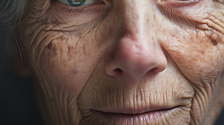 Face woman sad closeup grandmother wrinkled up looking senior eye skin close-up part old portrait sightの素材