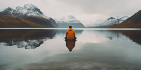 man nature travel yellow back mountain hiking water alps lake cape. Generative AI.の素材