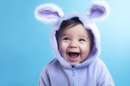 Toddler child family portrait april baby cheerful happy cute fur easter rabbit infant bunnyの素材