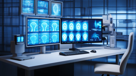 Woman man engineer x-ray serious concept computer information corporate innovation monitoring doctor technology screen specialistの素材