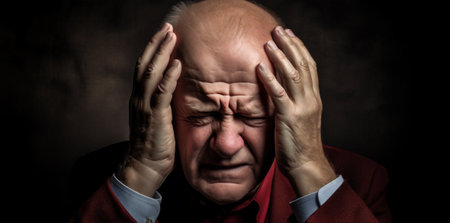 Senior woman elderly mature portrait head pain aged white sitting sad old caucasian stressの素材