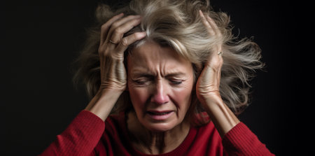 Woman sad old senior stress mature ill elderly aged health head headache painの素材