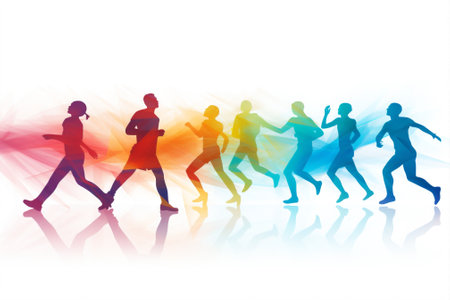 Fun abstract design shadow silhouettes group young joy dancing people exercising disco colourful setの素材