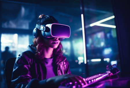 Woman technology neon night visual watching device game gadget glasses entertainment cyber headset vrの素材