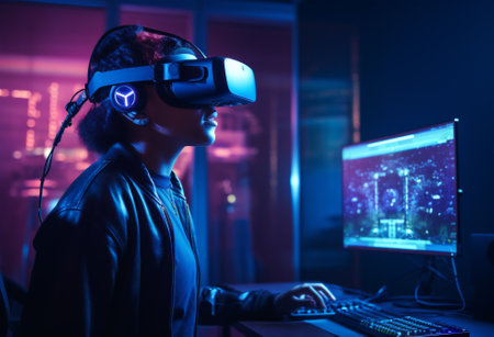 Woman night headset entertainment vr african computer future game light device person video technology neon glassesの素材