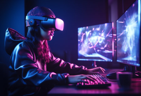 Wearable woman vr glasses game neon digital reality entertainment headset device technology nightの素材