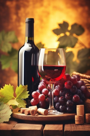 winery background food bottle harvest grape alcohol beverage drink glass wine. Generative AI.の素材