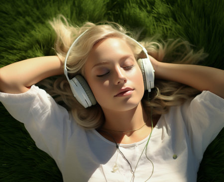 Music woman person meditation audio lifestyle portrait headphones green grass leisure student earphones listen summerの素材