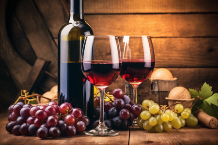 alcoholic food background winery alcohol drink beverage grape glass wine bottle. Generative AI.の素材
