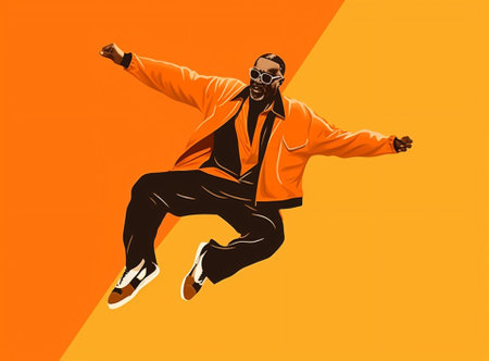 Man fly orange jump person modern black guy sport style ethnicity adult trendy handsome excited fashionの素材