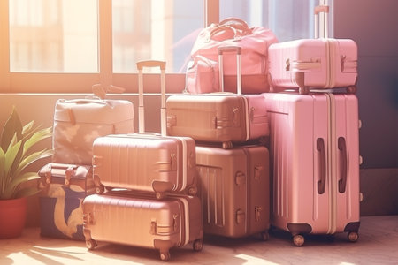 Departure vacation tourist bag traveler arrival pink trip baggage person business suitcaseの素材