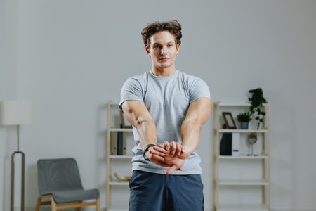 man gray indoor sport health tutorial lifestyle dumbbells home training activityの写真素材