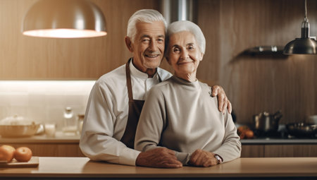 old elderly together cafe loving retired happy kitchen couple senior. Generative AI.の素材