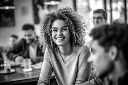 cafe woman sitting together smiling enjoying laughing group friend happy girl. Generative AI.の素材