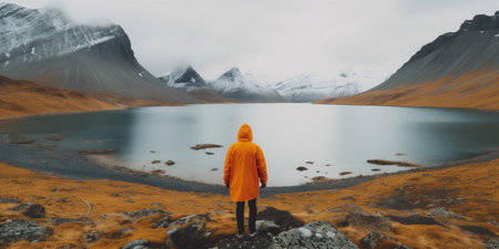 man cape lake water travel back nature yellow hiking landscape mountain. Generative AI.の素材