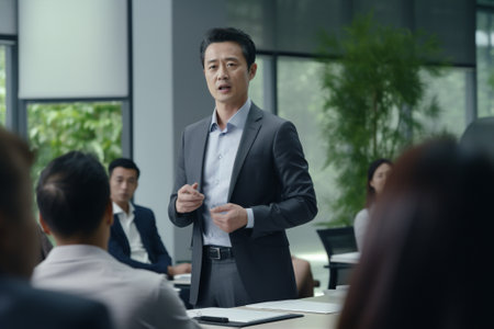 Man office professional meeting talking strategy person business businessman teamwork occupation manager modern indoors sitting financeの素材