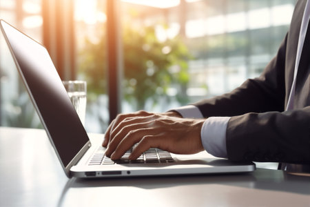 Office man businessman modern laptop computer hands online technology cyberspace business working executive backgroundの素材