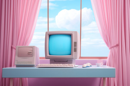 Office cyberspace computer blue pink concept retro monitor digital device technologyの素材