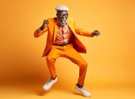 Style man multinational jump black action adult trendy handsome guy orange fashion background fly one oldの素材