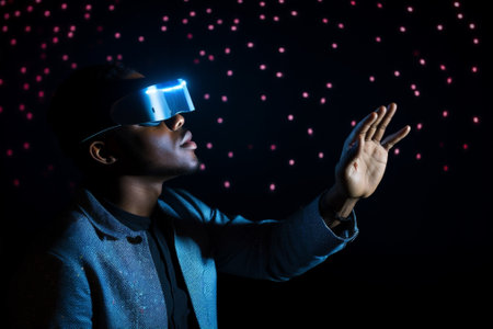 Man expression digital headset reality person glasses virtual technology simulation black blue innovation vrの素材