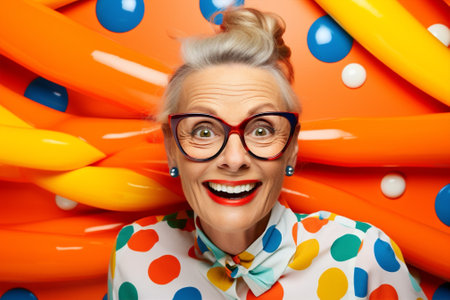 Young woman smiling dots trendy sunglasses hair fun fashionable polka happy blue stylish beauty glasses pretty femaleの素材