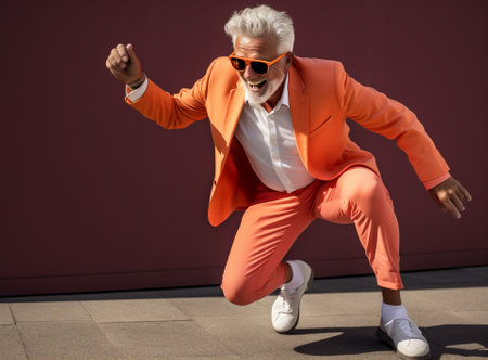 Man adult style success guy portrait trendy trampoline positive black orange fashion handsome jumpの素材