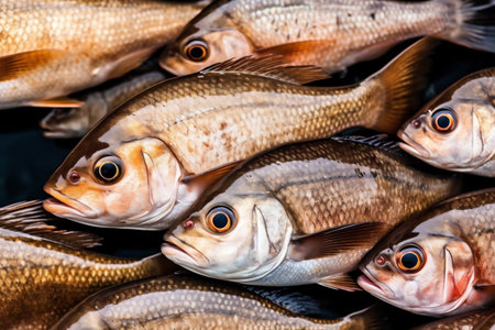 fresh meal black dinner background healthy food smoked seafood fish raw. Generative AI.の素材