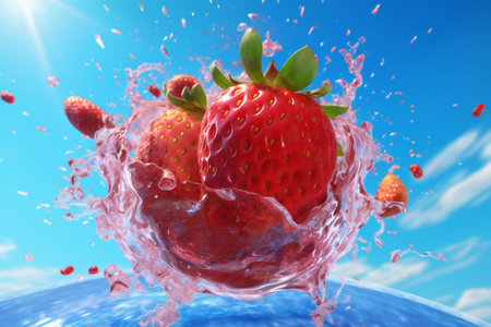 strawberry fruit water fresh freshness healthy blue background red splash food. Generative AI.の素材
