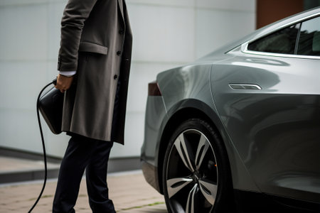 Fashion man standing electric business manager alone businessman urban auto automobile car eco transportation vehicle serious carの素材