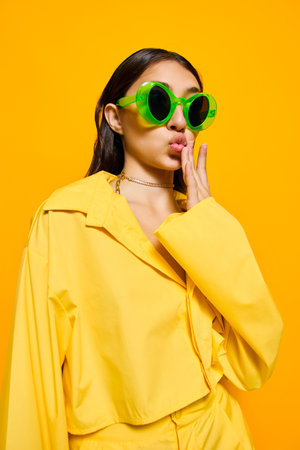 girl woman joyful beautiful lifestyle background attractive fashion young trendy yellow sunglassesの写真素材