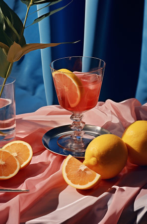 Cold alcohol red refreshing drink beverage ice summer blue cocktail fruitの素材
