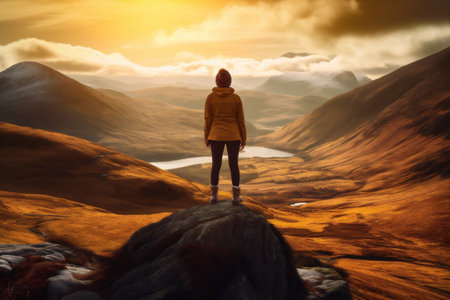man woman adventure landscape mountain climbing back travel hiker backpack nature male. Generative AI.の素材