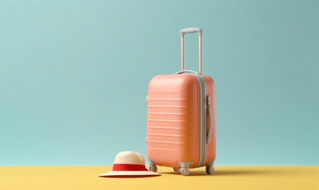 blue vacation sunscreen background journey baggage holiday hat suitcase trip travel. Generative AI.の素材