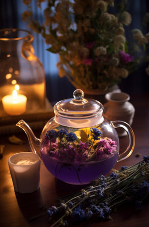 Teapot drink herbal green water hot flowers tea healthy background budの素材