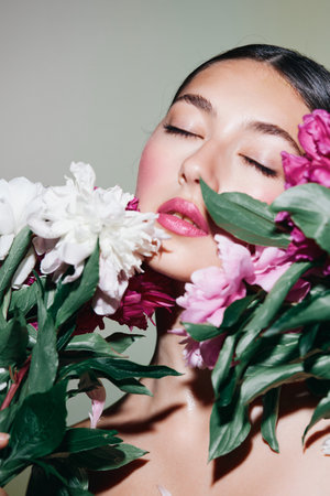 woman face beauty pink model make-up blush fashion flower portrait girlの写真素材