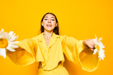 model woman happiness love pretty chamomile portrait flower young yellow smileの写真素材
