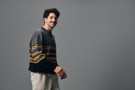 Fashion man portrait trendy copyspace handsome smile sweater face hipster caucasianの写真素材