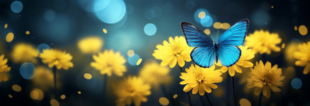 Insect nature flower summer spring bokeh butterfly plant orange blue background yellow gardenの素材