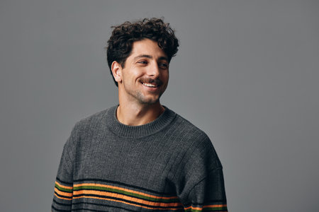 Copyspace man trendy stylish hipster style positive smile portrait fashion handsome guy sweater face