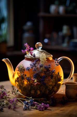 Teapot table drink tea herbal green healthy flowers water hot backgroundの素材