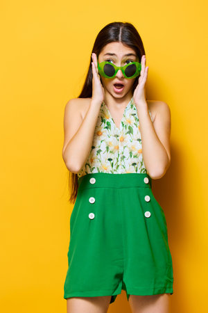 young woman stylish style smile happy beautiful emotion yellow fashion sunglassesの写真素材