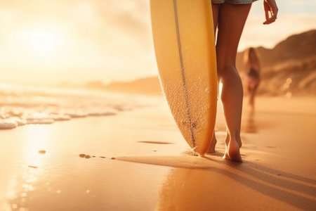 Sunset vacation female surfboard sea beach ocean surfing sunrise young surferの素材