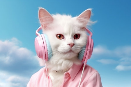 Funny animal music kitten white pet young sound cute portrait catの素材
